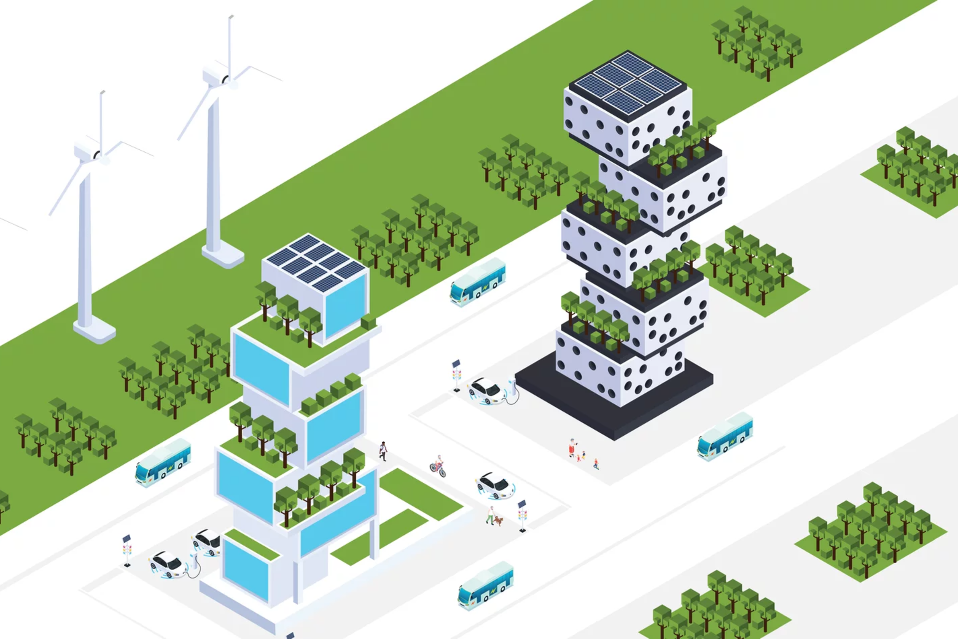 Graphic of block style city with building, trees and wind turbines