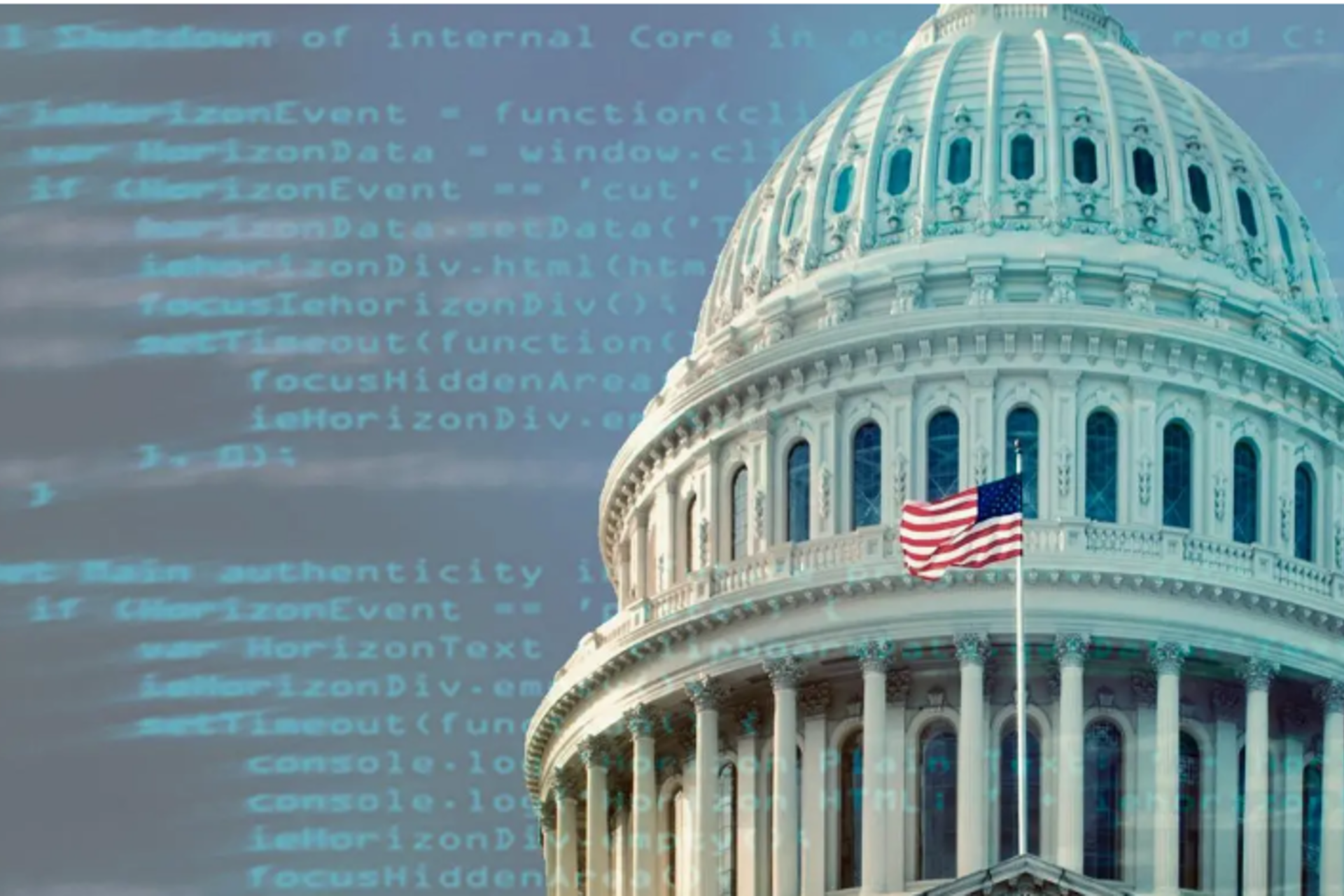 Top of United States Capitol building with code in the background