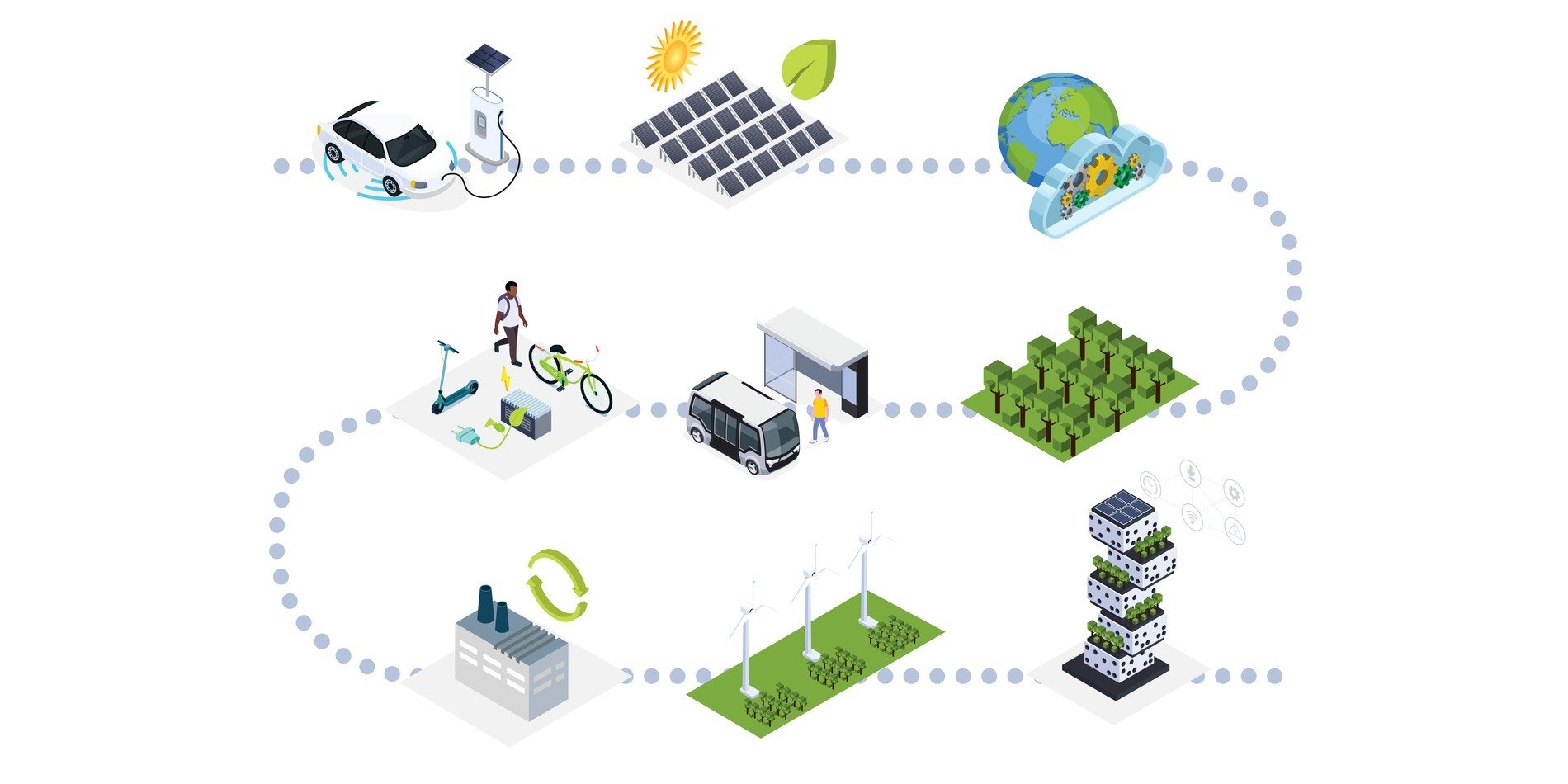 Graphic with dotted line connecting different transportation paths